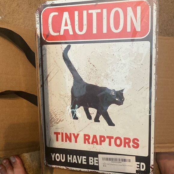Caution Tiny Raptors Metal Sign - Humorous Black Cat Warning Sign for Home - Picture 3 of 7